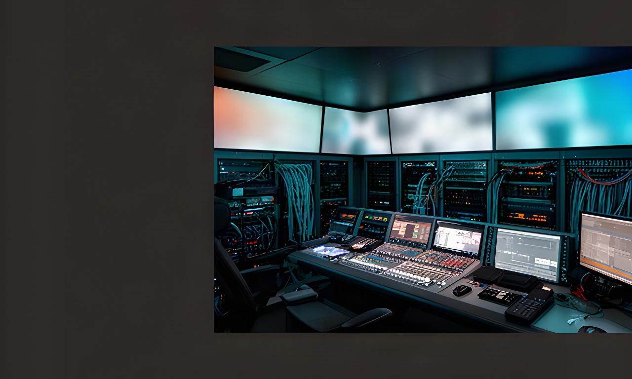 Moderner Regieraum mit Monitorwänden, Mischpult und Netzwerkverbindungen in einem österreichischen Broadcast-Zentrum