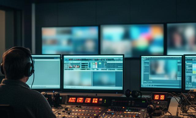 Regieraum eines österreichischen Fernsehsenders mit Monitoren für ein lineares Abendprogramm