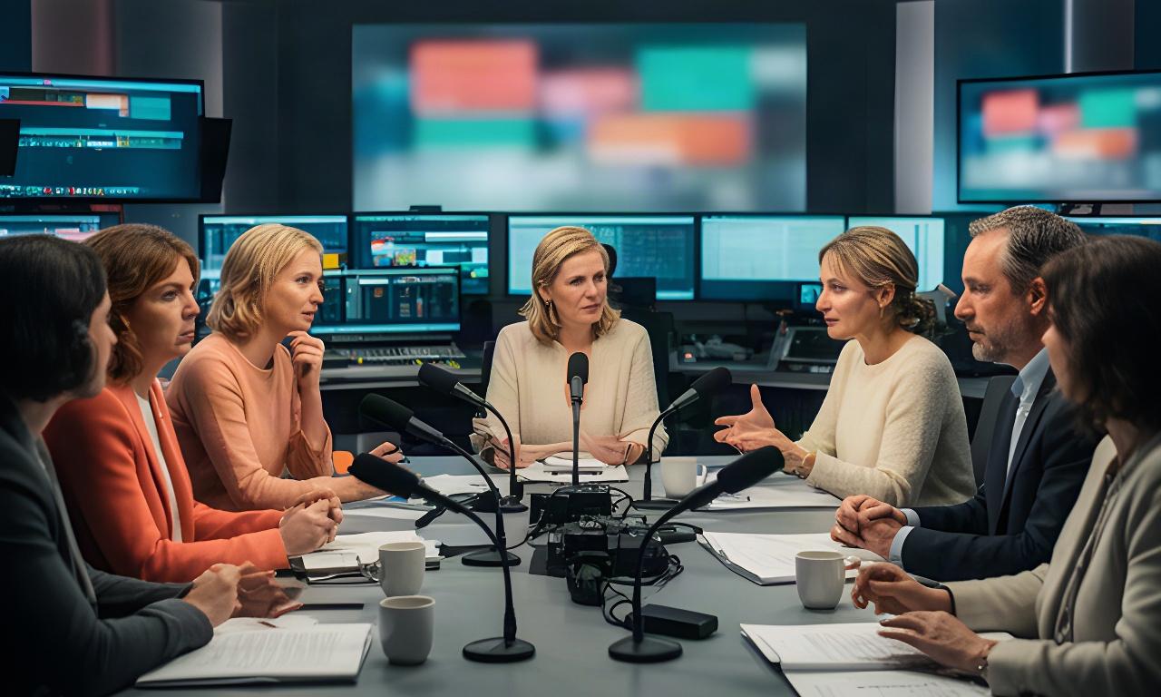 Redakteurinnen und Redakteure diskutieren an einem Konferenztisch mit Bildschirmen in einer österreichischen Nachrichtenredaktion